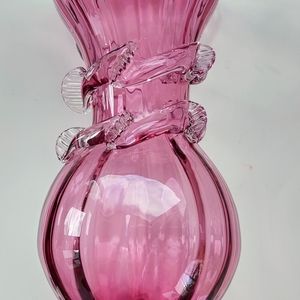 Gorgeous VTG hand blown Pilgrim Cranberry Vase Rigaree ribbon swirl planter art